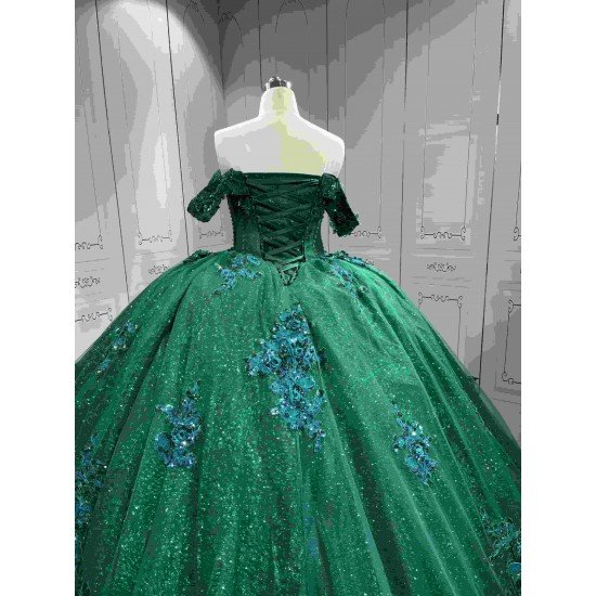 Mumuleo Emerald Green Quinceanera Dresses-Ball Gown Floor-Length Off-The-Shoulder Sweetheart Neckline Sweep Train 100% Polyester