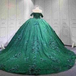 Mumuleo Emerald Green Quinceanera Dresses-Ball Gown Floor-Length Off-The-Shoulder Sweetheart Neckline Sweep Train 100% Polyester