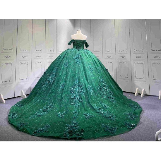 Mumuleo Emerald Green Quinceanera Dresses-Ball Gown Floor-Length Off-The-Shoulder Sweetheart Neckline Sweep Train 100% Polyester