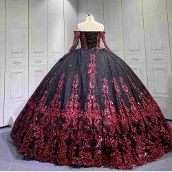Mumuleo Black Red Modern Ball Gown Floor-Length Quinceanera Dress Satin Lace Natural Waistline Sweetheart Neckline for Teenagers