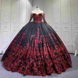 Mumuleo Black Red Modern Ball Gown Floor-Length Quinceanera Dress Satin Lace Natural Waistline Sweetheart Neckline for Teenagers