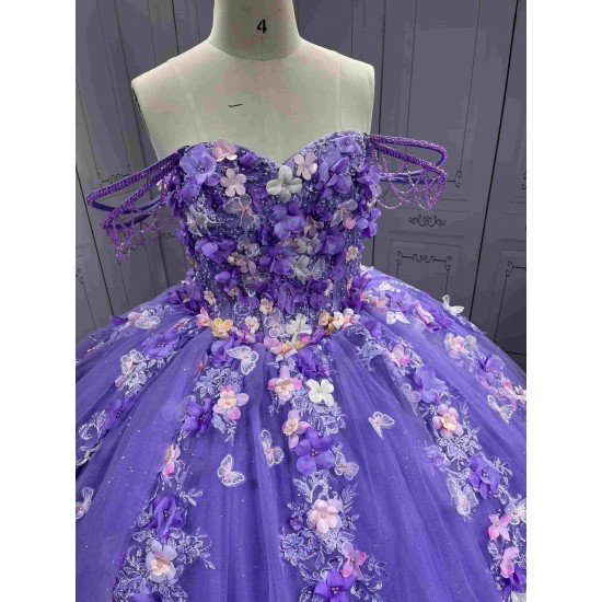 Mumuleo Lilac Modern Ball Gown Floor-Length Quinceanera Dress with Chapel Train Knitted Fabric Flowers & Bow for Teenagers