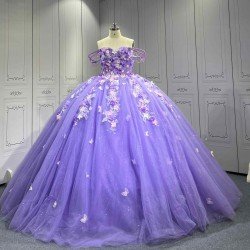 MumuleoLilac Modern Ball Gown Floor-Length Quinceanera Dress with Chapel Train Knitted Fabric Flowers & Bow for Teenagers