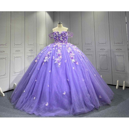 Mumuleo Lilac Modern Ball Gown Floor-Length Quinceanera Dress with Chapel Train Knitted Fabric Flowers & Bow for Teenagers