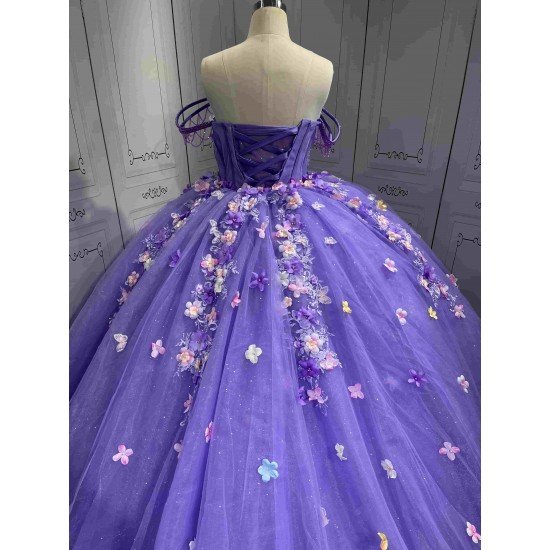Mumuleo Lilac Modern Ball Gown Floor-Length Quinceanera Dress with Chapel Train Knitted Fabric Flowers & Bow for Teenagers