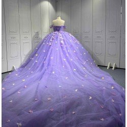 MumuleoLilac Modern Ball Gown Floor-Length Quinceanera Dress with Chapel Train Knitted Fabric Flowers & Bow for Teenagers