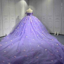 MumuleoLilac Modern Ball Gown Floor-Length Quinceanera Dress with Chapel Train Knitted Fabric Flowers & Bow for Teenagers