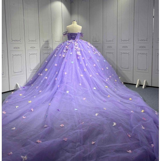 Mumuleo Lilac Modern Ball Gown Floor-Length Quinceanera Dress with Chapel Train Knitted Fabric Flowers & Bow for Teenagers