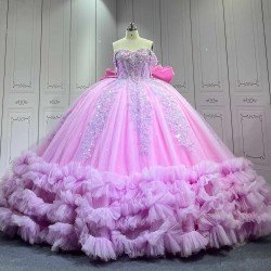 Mumuleo Lilac Floor-Length Ball Gown Quinceanera Dress with Ruffles Chapel Train Modern Satin Print for Teenagers
