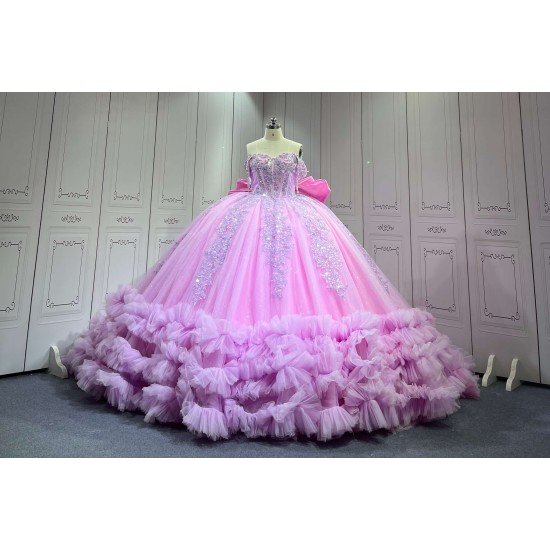 Mumuleo Lilac Floor-Length Ball Gown Quinceanera Dress with Ruffles Chapel Train Modern Satin Print for Teenagers