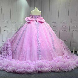 Mumuleo Lilac Floor-Length Ball Gown Quinceanera Dress with Ruffles Chapel Train Modern Satin Print for Teenagers