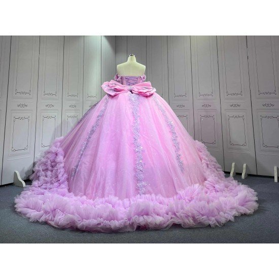 Mumuleo Lilac Floor-Length Ball Gown Quinceanera Dress with Ruffles Chapel Train Modern Satin Print for Teenagers