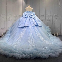 Mumuleo Sky Blue Ball Gown Floor-Length Quinceanera Dress with Chapel Train Modern Satin Lace Ruffles Natural Waist