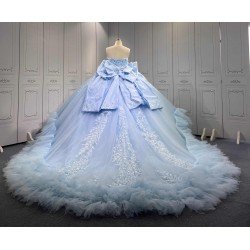 Mumuleo Sky Blue Ball Gown Floor-Length Quinceanera Dress with Chapel Train Modern Satin Lace Ruffles Natural Waist