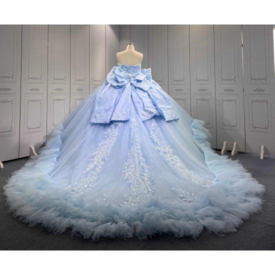 Mumuleo Sky Blue Ball Gown Floor-Length Quinceanera Dress with Chapel Train Modern Satin Lace Ruffles Natural Waist