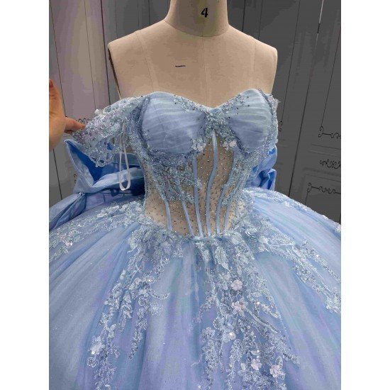 Mumuleo Sky Blue Ball Gown Floor-Length Quinceanera Dress with Chapel Train Modern Satin Lace Ruffles Natural Waist