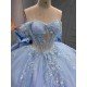 Mumuleo Sky Blue Ball Gown Floor-Length Quinceanera Dress with Chapel Train Modern Satin Lace Ruffles Natural Waist