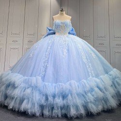 Mumuleo Sky Blue Ball Gown Floor-Length Quinceanera Dress with Chapel Train Modern Satin Lace Ruffles Natural Waist