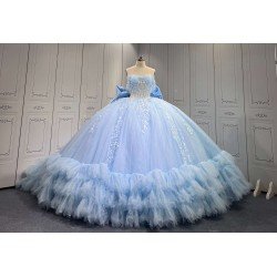 Mumuleo Sky Blue Ball Gown Floor-Length Quinceanera Dress with Chapel Train Modern Satin Lace Ruffles Natural Waist