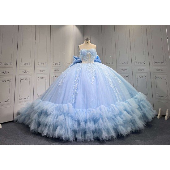 Mumuleo Sky Blue Ball Gown Floor-Length Quinceanera Dress with Chapel Train Modern Satin Lace Ruffles Natural Waist