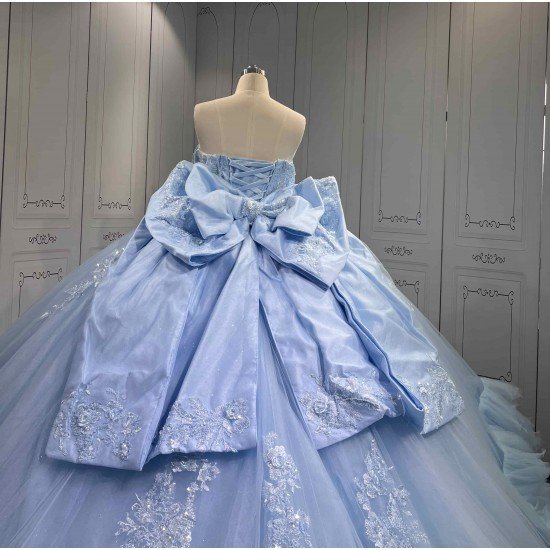 Mumuleo Sky Blue Ball Gown Floor-Length Quinceanera Dress with Chapel Train Modern Satin Lace Ruffles Natural Waist