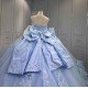 Mumuleo Sky Blue Ball Gown Floor-Length Quinceanera Dress with Chapel Train Modern Satin Lace Ruffles Natural Waist