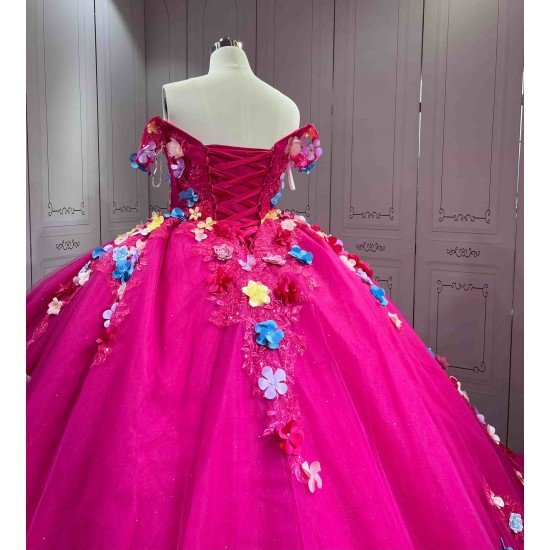 Mumuleo Fuchsia Quinceanera Ball Gown Floor-Length Chapel Train Modern Satin Print Knitted Lace Dress with Flowers