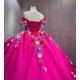 Mumuleo Fuchsia Quinceanera Ball Gown Floor-Length Chapel Train Modern Satin Print Knitted Lace Dress with Flowers
