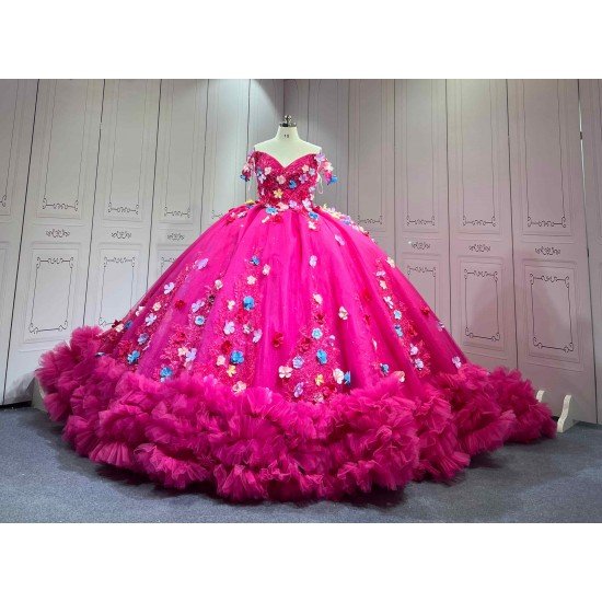 Mumuleo Fuchsia Quinceanera Ball Gown Floor-Length Chapel Train Modern Satin Print Knitted Lace Dress with Flowers