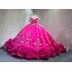 Mumuleo Fuchsia Quinceanera Ball Gown Floor-Length Chapel Train Modern Satin Print Knitted Lace Dress with Flowers