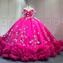 Mumuleo Fuchsia Quinceanera Ball Gown Floor-Length Chapel Train Modern Satin Print Knitted Lace Dress with Flowers