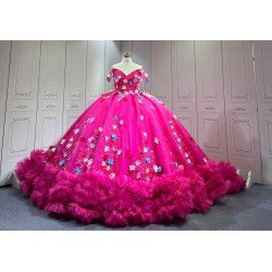 Mumuleo Fuchsia Quinceanera Ball Gown Floor-Length Chapel Train Modern Satin Print Knitted Lace Dress with Flowers
