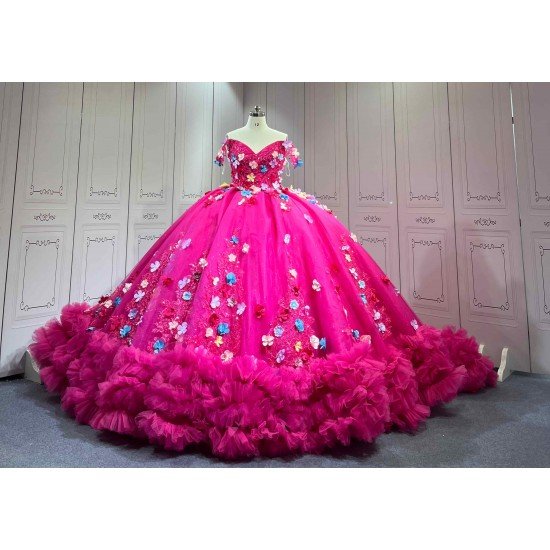 Mumuleo Fuchsia Quinceanera Ball Gown Floor-Length Chapel Train Modern Satin Print Knitted Lace Dress with Flowers