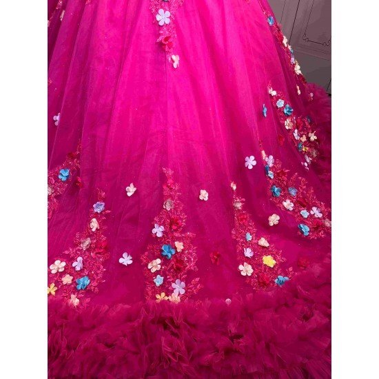 Mumuleo Fuchsia Quinceanera Ball Gown Floor-Length Chapel Train Modern Satin Print Knitted Lace Dress with Flowers