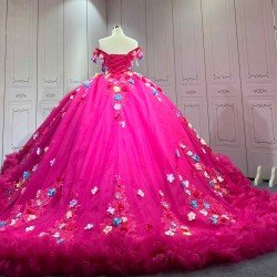 Mumuleo Fuchsia Quinceanera Ball Gown Floor-Length Chapel Train Modern Satin Print Knitted Lace Dress with Flowers