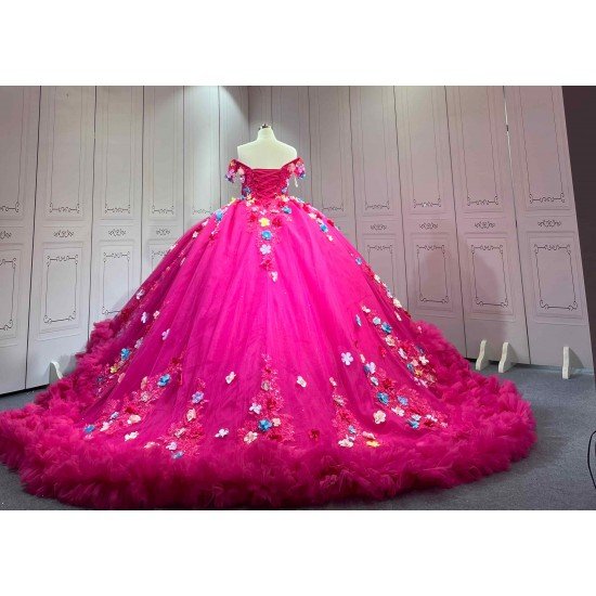 Mumuleo Fuchsia Quinceanera Ball Gown Floor-Length Chapel Train Modern Satin Print Knitted Lace Dress with Flowers