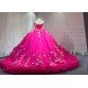 Mumuleo Fuchsia Quinceanera Ball Gown Floor-Length Chapel Train Modern Satin Print Knitted Lace Dress with Flowers