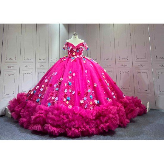 Mumuleo Fuchsia Quinceanera Ball Gown Floor-Length Chapel Train Modern Satin Print Knitted Lace Dress with Flowers