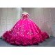 Mumuleo Fuchsia Quinceanera Ball Gown Floor-Length Chapel Train Modern Satin Print Knitted Lace Dress with Flowers