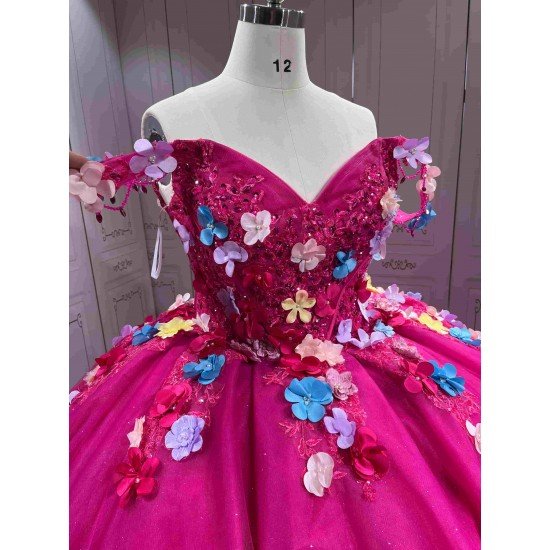 Mumuleo Fuchsia Quinceanera Ball Gown Floor-Length Chapel Train Modern Satin Print Knitted Lace Dress with Flowers