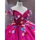 Mumuleo Fuchsia Quinceanera Ball Gown Floor-Length Chapel Train Modern Satin Print Knitted Lace Dress with Flowers