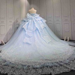 Mumuleo Modest Summer Quinceanera Dress Sweetheart Neckline Off-Shoulder Sleeves Ruffles Crocheted Embroidery Anti-Static
