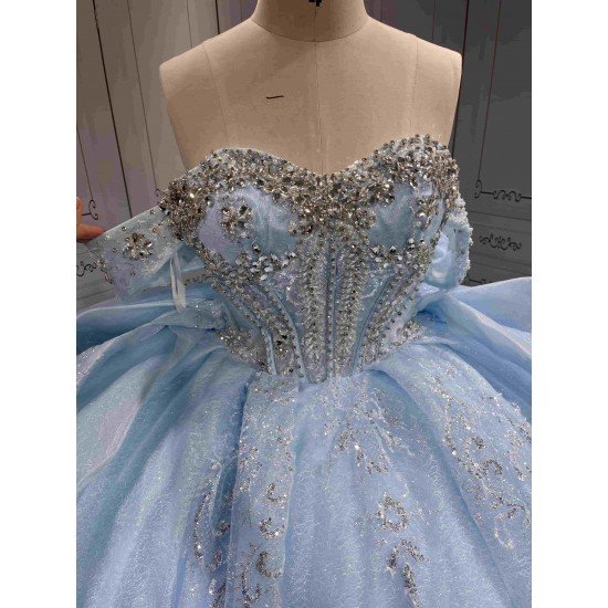 Mumuleo Modest Summer Quinceanera Dress Sweetheart Neckline Off-Shoulder Sleeves Ruffles Crocheted Embroidery Anti-Static