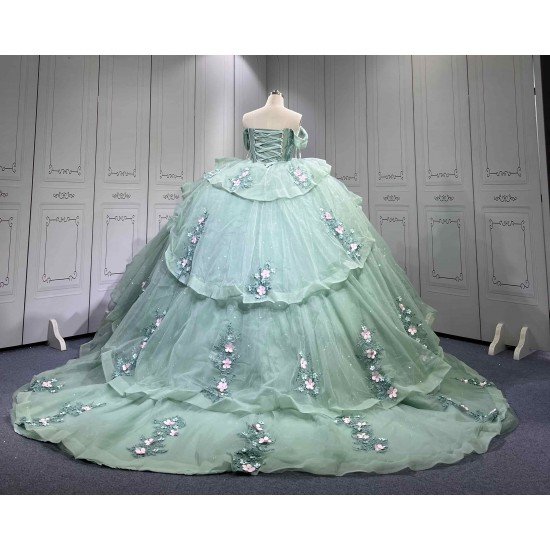Mumuleo Two in One Sage Green Floor-Length Ball Gown Modern Satin Quinceanera Dresses Flowers Lace Print Knitted Short Sleeves