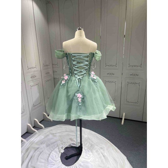 Mumuleo Two in One Sage Green Floor-Length Ball Gown Modern Satin Quinceanera Dresses Flowers Lace Print Knitted Short Sleeves