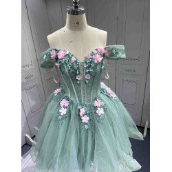 Mumuleo Two in One Sage Green Floor-Length Ball Gown Modern Satin Quinceanera Dresses Flowers Lace Print Knitted Short Sleeves