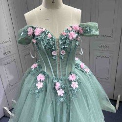 Mumuleo Two in One Sage Green Floor-Length Ball Gown Modern Satin Quinceanera Dresses Flowers Lace Print Knitted Short Sleeves