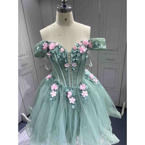 Mumuleo Two in One Sage Green Floor-Length Ball Gown Modern Satin Quinceanera Dresses Flowers Lace Print Knitted Short Sleeves