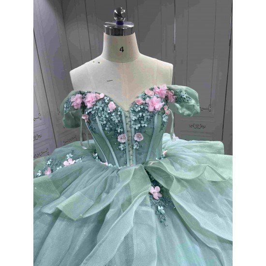 Mumuleo Two in One Sage Green Floor-Length Ball Gown Modern Satin Quinceanera Dresses Flowers Lace Print Knitted Short Sleeves
