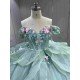 Mumuleo Two in One Sage Green Floor-Length Ball Gown Modern Satin Quinceanera Dresses Flowers Lace Print Knitted Short Sleeves